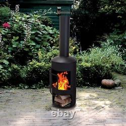 158cm Matt Black Round Steel Chimney Fireplace Outdoor Garden Chiminea Heater