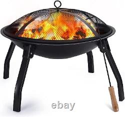 22 Fire Pit, Wood Burning Folding Firepit Spark Screen & Poker Burner BBQ Grill