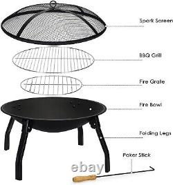 22 Fire Pit, Wood Burning Folding Firepit Spark Screen & Poker Burner BBQ Grill