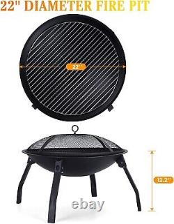 22 Fire Pit, Wood Burning Folding Firepit Spark Screen & Poker Burner BBQ Grill