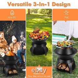 3-in-1 Camping Wood Buring Firepit Patio Fire Pit Metal Fire Bowl withPot Holder