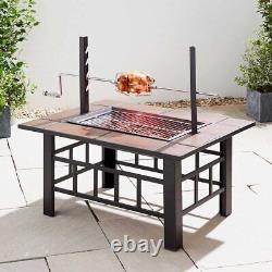 3 in 1 Fire Pit Table, BBQ Grill, & Ice Cooler Drink Bucket Charcoal, Log & Wood