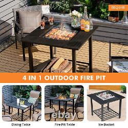 4 in 1 Outdoor Fire Pit Dining Table Square Wood Burning Fire Bowl With Mesh Cover