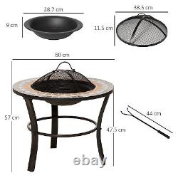 60cm Outdoor Fire Pit Table with Mosaic Outer, Spark Screen Cover and Fire Poker