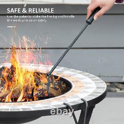 60cm Outdoor Fire Pit Table with Mosaic Outer, Spark Screen Cover and Fire Poker