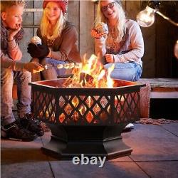 66cm Fire Pit Bowl Hex-Shaped Wood Burning Firepits Spark Screen & Fire Poker