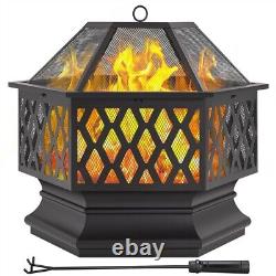 66cm Fire Pit Bowl Hex-Shaped Wood Burning Firepits Spark Screen & Fire Poker