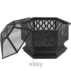 66cm Fire Pit Bowl Hex-Shaped Wood Burning Firepits Spark Screen & Fire Poker