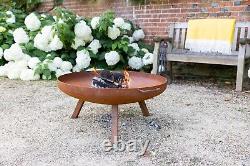 Corten Steel Outdoor Fire Pit Patio Heating Garden Log Burner 80cm Round Legs