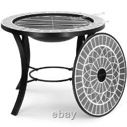 Dark Grey Mosaic Firepit BBQ Table 3-in-1 Fire Pit Barbecue Grill Garden Outdoor