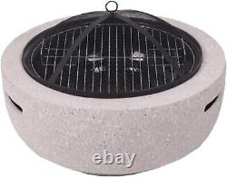 ECASA Garden Fire Pit Concrete Stone Effect Firepit with BBQ Grill Light Grey