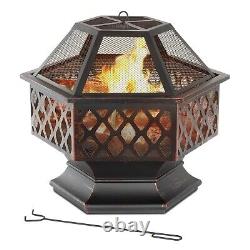 Fire Pit with BBQ Grill Hexagonal Outdoor Wood Burning Stove Brazier Heater