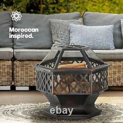 Fire Pit with BBQ Grill Hexagonal Outdoor Wood Burning Stove Brazier Heater