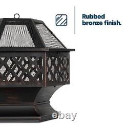 Fire Pit with BBQ Grill Hexagonal Outdoor Wood Burning Stove Brazier Heater