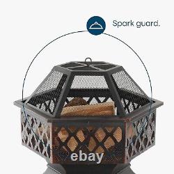 Fire Pit with BBQ Grill Hexagonal Outdoor Wood Burning Stove Brazier Heater