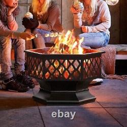 Fire Pit with BBQ Grill Hexagonal Outdoor Wood Burning Stove Brazier Heater