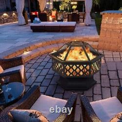 Fire Pit with BBQ Grill Hexagonal Outdoor Wood Burning Stove Brazier Heater