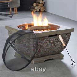 Firepit Wood Burning Fire Pit Square Garden Patio Heater Bowl Stone Effect 8349