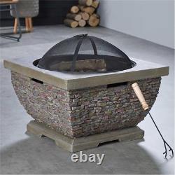 Firepit Wood Burning Fire Pit Square Garden Patio Heater Bowl Stone Effect 8349