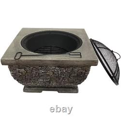 Firepit Wood Burning Fire Pit Square Garden Patio Heater Bowl Stone Effect 8349