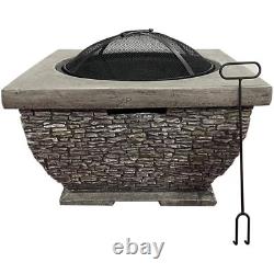 Firepit Wood Burning Fire Pit Square Garden Patio Heater Bowl Stone Effect 8349