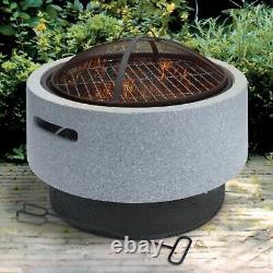 Grey Round MgO Concrete Firepit BBQ Grill Bowl Outdoor Garden Patio Wood Burner