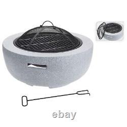 Grey Round MgO Concrete Firepit BBQ Grill Bowl Outdoor Garden Patio Wood Burner