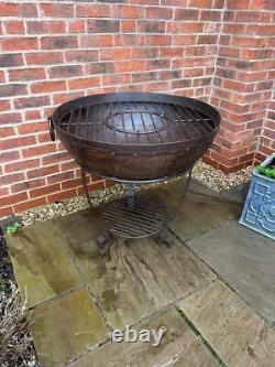 Iron Indian Kadai Fire Pit Bowl 80cm Diameter with Stand & BBQ Cooking Grill