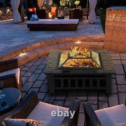 Large Fire Pit BBQ Outdoor Iron Grill Square Garden Table Patio Log Burner Stove