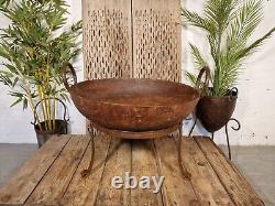 Large Indian Vintage Heavy Duty Iron Metal Kadai Bowl & Stand Fire Pit BBQ