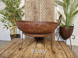 Large Indian Vintage Heavy Duty Iron Metal Kadai Bowl & Stand Fire Pit BBQ