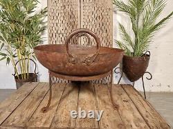 Large Indian Vintage Heavy Duty Iron Metal Kadai Bowl & Stand Fire Pit BBQ