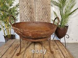 Large Indian Vintage Heavy Duty Iron Metal Kadai Bowl & Stand Fire Pit BBQ