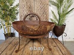 Large Indian Vintage Heavy Duty Iron Metal Kadai Bowl & Stand Fire Pit BBQ