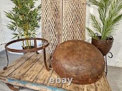 Large Indian Vintage Heavy Duty Iron Metal Kadai Bowl & Stand Fire Pit BBQ