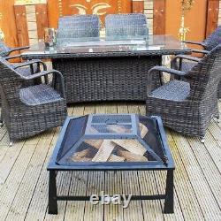 Large Outdoor Square Fire Pit With BBQ Grill Shelf and Mesh Screen Lid and Poker