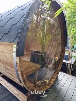 Luxury 250cm Barrel Sauna Harvia M3 wood fired heater full panoramic window