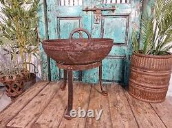 Old Indian Vintage Heavy Duty Iron Metal Riveted Kadai Bowl & Stand Fire Pit