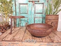 Old Indian Vintage Heavy Duty Iron Metal Riveted Kadai Bowl & Stand Fire Pit