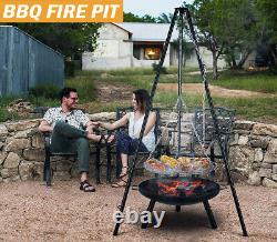 Outdoor BBQ Fire Pit Bowl Tripod Hanging Grill adjustable Camping Heater Burner