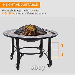 Outdoor Fire Pit Bowl 2-in-1 on Wheels, Patio Heater & Cooking BBQ Grill, Mosaic