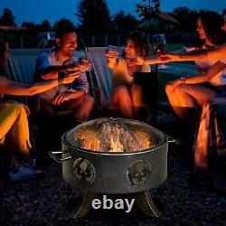 Outdoor Fire Pit Charcoal Log Wood Burner Firebowl with Screen Cover & Poker