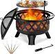 Outdoor Fire Pit With Bbq Grill, Patio Heater, Log Wood Burner, Round Fire Bowl