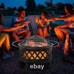 Outdoor Fire Pit with Grill Cooking Grate With Cover Fire Poker for Yard Patio