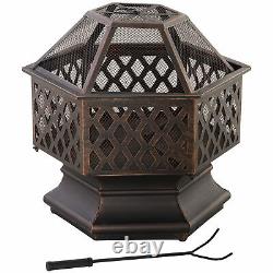 Outdoor Fire Pit with Screen Cover & Poker, Wood Burning Firebowl, Bronze