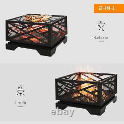 Outdoor Square Fire Pit Patio Metal Brazier with Grill Net Mesh Cover Poker 66cm