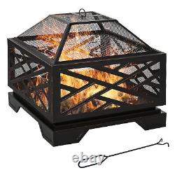 Outdoor Square Fire Pit Patio Metal Brazier with Grill Net Mesh Cover Poker 66cm