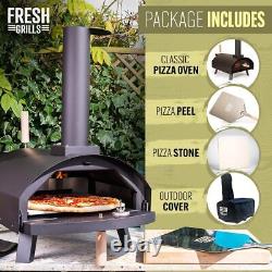 Outdoor Wood Fired Pizza Oven, Stainless Steel with Stone, Thermometer & Cover