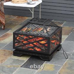 Outsunny 66cm Square Fire Pit Patio Metal Brazier with Grill Net Mesh Cover Poker