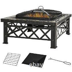 Outsunny 76cm Square Garden Fire Pit Square Table with Poker Mesh Cover Log Grate